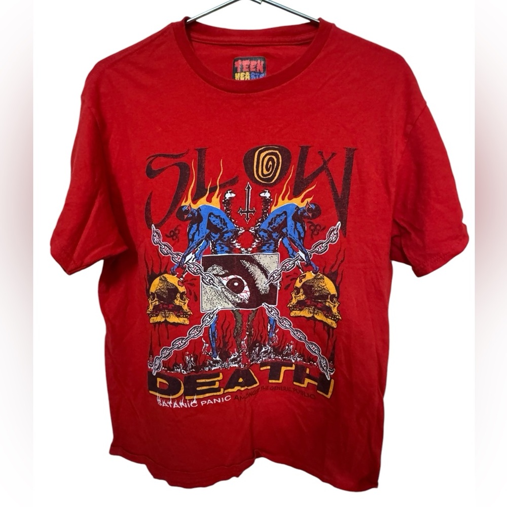 Retro Slow Death Satanic Panic Men’s L Red Full Graphic t-Shirt Teen Hearts